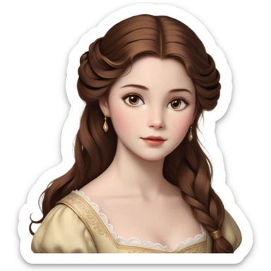 Cinematic Realistic Belle Portrait, depicted with lifelike skin texture, soft natural lighting, and intricately detailed brown hair styled elegantly. Her deep, expressive eyes exude warmth and intelligence, complemented by a serene and graceful expression. She is dressed in her classic attire, with rich fabric textures and delicate folds that catch the light beautifully. The portrait features a soft, enchanting glow with a natural, radiant finish, capturing the essence of timeless beauty in a realistic and painterly style, evoking a sense of depth and authenticity. sticker