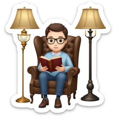 peruse at your leisure, person reading with small glasses in a wingback chair next to a lamp sticker