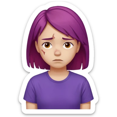 Young girl with red, damaged, and unattractive hair, wearing a purple T-shirt, with a sad and subdued expression. sticker