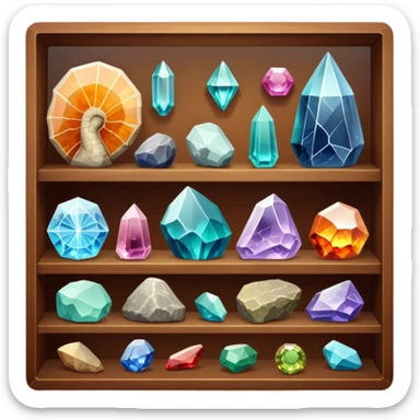 Icon for Mineral, Stone & Fossil Collecting: a display of various colorful minerals, gemstones, and fossils, arranged neatly on a table or shelf. The icon should reflect the beauty and scientific interest of collecting natural specimens. Transparent background. sticker