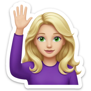 lady with long wavy blonde hair, purple top, green eyes, waving hello sticker