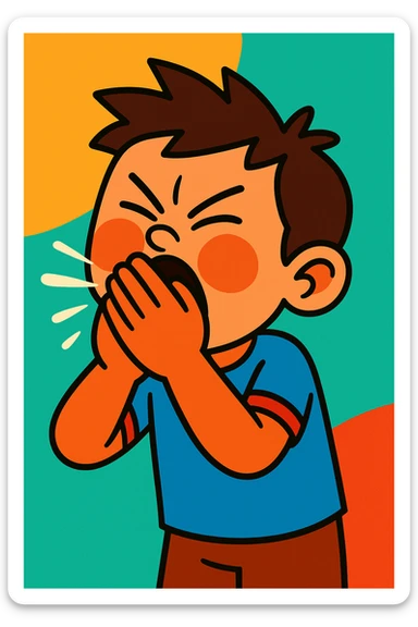 a child covering their mouth while sneezing, etiquette theme, vibrant toon style sticker