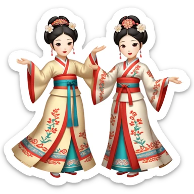 Cinematic Realistic scene of two performers engaging in Ganggangsullae, dressed in traditional Korean costumes with intricate patterns and graceful movements, illuminated by soft, festive lighting that accentuates the cultural ambiance sticker