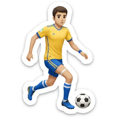 Persian soccer player in full soccer team kit with a yellow top, blue shorts and white socks, no soccer ball sticker