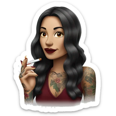 Beautiful tattooed burgundy long haired woman smoking a cigarette sticker