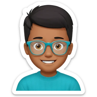 Chico de 7 años, pelo negro y repeinado pero con volumen hacia arriba, piel marrón, gafas cuadradas azules, sonriente y sin 1 diente, jersey verde turquesa y ojos muy rasgados, Y NADA redondeados, NO REDONDOOOOOOOOOOO ESO 0 sticker