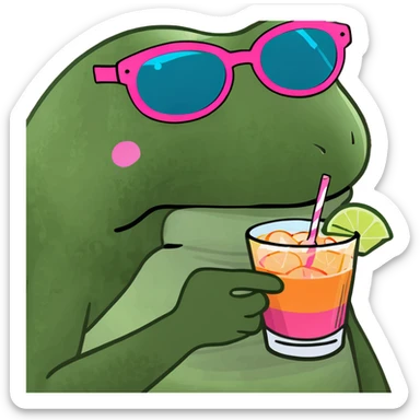 Bufo frog with pink sunglasses, holding a rainbow cocktail, in bufo style, transparent background sticker