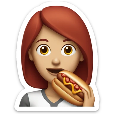 White woman with dark red hair eating hotdog sticker