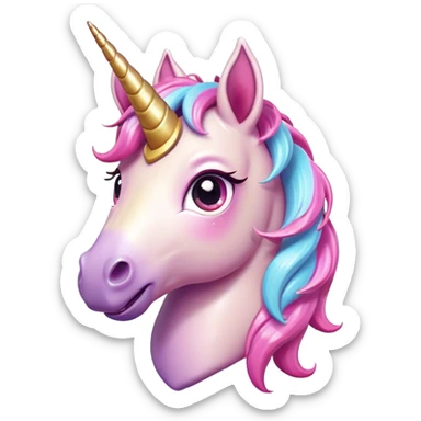 Cinematic Comical Unicorn Pony Portrait Emoji, Head tilted dramatically with an exaggeratedly amused expression, featuring a compact, magically adorned form with a sparkling tiny horn, wide, comically expressive eyes full of playful disbelief, and a subtly animated mane, Simplified yet hilariously expressive features, highly detailed, glowing with a slightly sassy pastel glow, high shine, dramatic yet playful, stylized with an air of cheeky magical mischief, soft glowing outline, capturing the essence of a meme-worthy unicorn pony that looks ready to trot its way into viral fame! sticker
