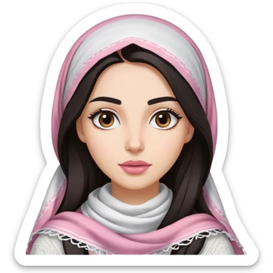 A woman with long, dark hair wears a traditional white keffiyeh, her makeup is well done, with defined eyebrows and soft pink lips  sticker