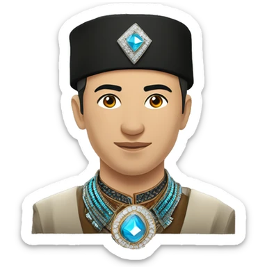 Male, Young man (around 30 years old). Almazik Ergi is dressed in a traditional Yakut national costume with modern elements. Around his neck, there is an amulet shaped like a diamond. sticker