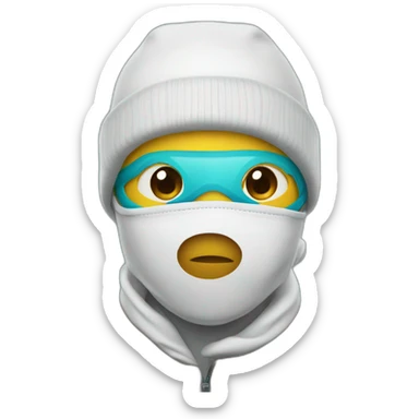 person wearing a beanie with a mask with the letter S on it sticker