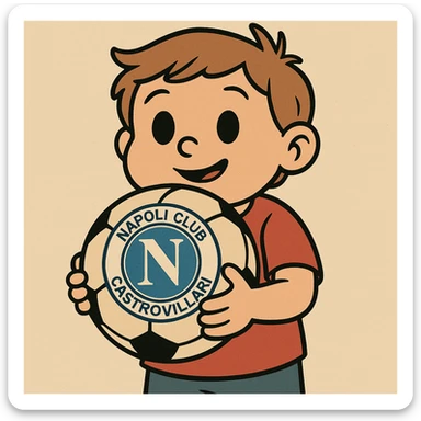 cartoon style illustration of a child's hands holding a ball, prominently featuring the logo of NAPOLI CLUB CASTROVILLARI sticker