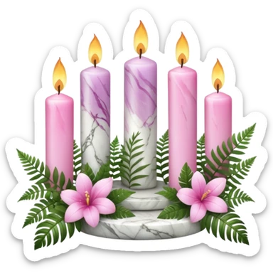 Aesthetic scenic beautiful gorgeous holy divine spiritual pretty elegant sparkly shiny scene of Candles, flowers, marble stone, lush vines, ferns, scenic aesthetic scenery sticker