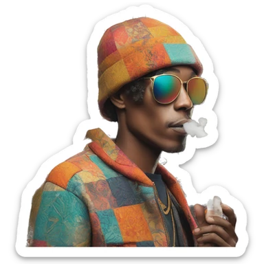 Person vaping wearing a colourful patchwork of intricate vintage patterns, vape sticker