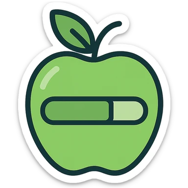 logo for a calories tracker app, flat icon style, green color scheme, stylized apple with a progress bar sticker