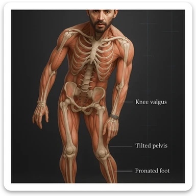Hyperrealistic 4K anatomical view of a man in a similar position to the reference image. Knee valgus, tilted pelvis, pronated foot, bones and muscles in transparency, medical atmosphere. Variant 8 with slightly changed overall body rotation. sticker