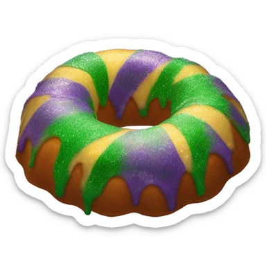 Realistic isolated flat mardi gras oval bundt king cake with glitter icing on top half of the cake. sticker