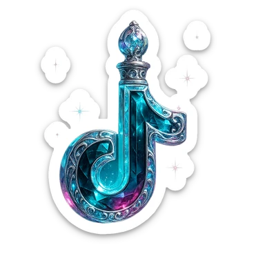 luxurious crystal elixir bottle in the shape of the TikTok logo, black and cyan with pink accents, ornate silver and iridescent details, very magical glowing and sparkling effects, very small neck, seamless bottom, transparent background, bottle clearly floating in air, no base or shadow, modern, collection style sticker