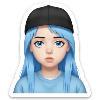 billie eilish wearing backwards cap, black hair, black eyeliner, light blue eyes sticker