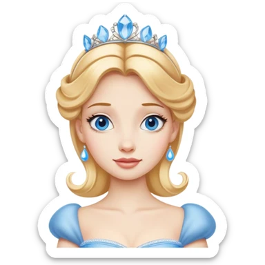 Cinematic Realistic Yawning Cinderella Portrait, showcasing lifelike porcelain skin and intricately detailed golden-blonde hair styled flawlessly as she mid-yawn reveals a moment of tender vulnerability. Her half-closed blue eyes and relaxed expression are rendered with natural, soft lighting that emphasizes the subtle textures of her face and the detailed, flowing fabric of her iconic gown. The scene glows with a cozy, authentic warmth that captures a rare, intimate moment of repose. sticker