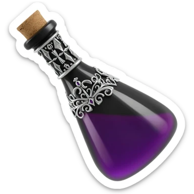 a black potion bottle a little rotated with a cork and decoration sticker