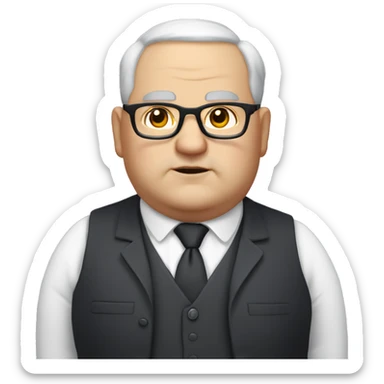 Chubby man of about 60 years of age with a bald shin. Small round glasses and dark eyes. Grey hair and a double chin. Chubby pointed nose. Wearing a black suit with waistcoat and tie. sticker