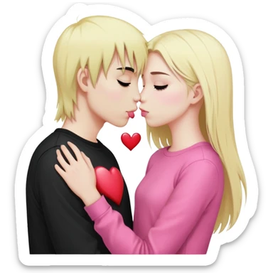 Emo boy with long black emo hair kissing o long blonde girl pink clothes heart sticker