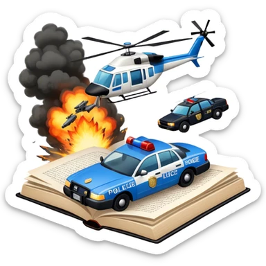 Icon for Action & Crime Reading: an open large book with text on the pages, a police car is driving out, with explosions behind, a helicopter flying above, a pistol with bullets in the front. The icon should capture the thrilling action and suspense of crime stories. Transparent background. sticker