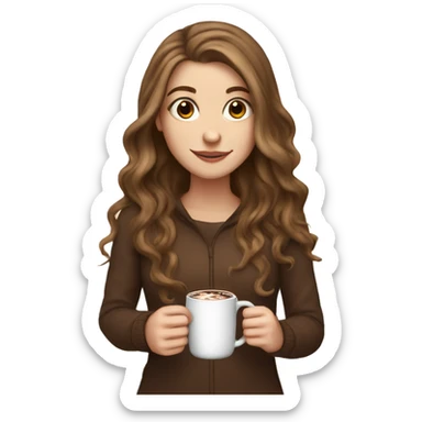 white girl with brown long hair and a hot chocolate sticker