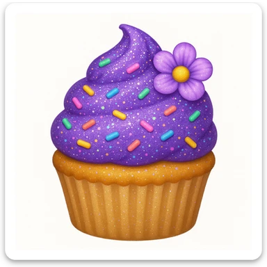Add edible glitter and a small flower to the cupcake with purple frosting and rainbow sprinkles in emoji style. sticker