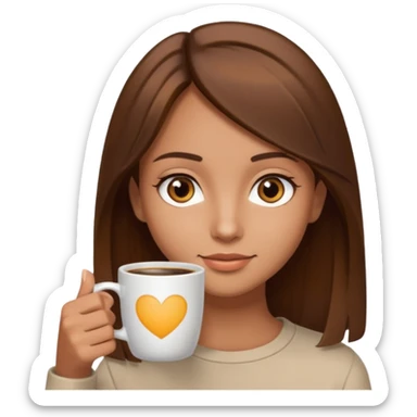 Chica con el pelo café ojos café pelo lacio con una taza de cafe sticker
