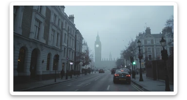 Cinematic shot of a london street, cloudy foggy day, soft light, leading lines to big ben in distance, multi composition, in foreground blurred car, on second street around UK bulding, od another plan in distance big ben, birds flying, artistic look, captured on arri alexa 35 sticker