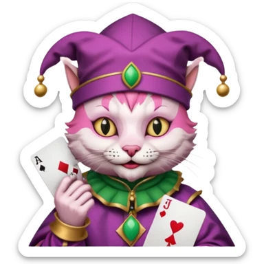 court jester cat medieval, single poker card joker clearly visible, pink, face only, round badge,  court jester cap sticker