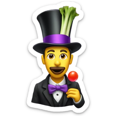 Man chewing bubblegum, holding a Leek wearing a tophat with a purple band sticker