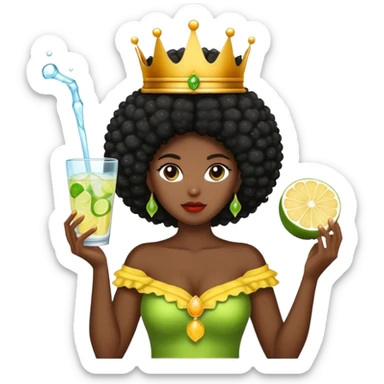 Quiero un emoji que represente que me estoy tomando mi vinagre de manzana con agua, hielo y limón. Soy una mujer negra de cabello afro, piel oscura y te fo una corona de reina en la cabeza sticker
