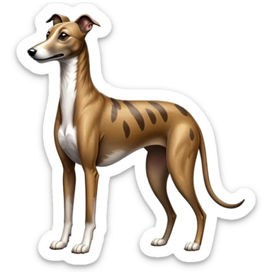cinematic-[brindle greyhound]-realistic-full-body-sitting-emoji,-tail-resting-loosely-beside-its-paws,-head-tilted-dramatically, -sleek-[brindle]-fur,-simplified-yet-realistic-focused-features,-highly-detailed,-glowing-with-an-almost-sarcastic-glow sticker