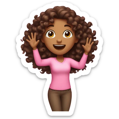 Light Brown girl with dark brown long curly hair saying “hooray!” Wearing pink sticker