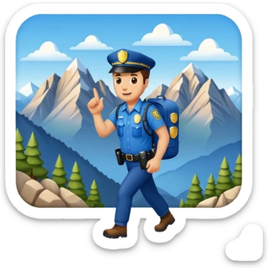 Adventurous man hiking with a police badge with mountains in the background sticker