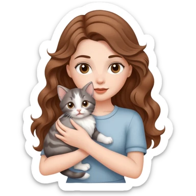 A beautiful  white girl with big brown waves and  a gray kitten sticker