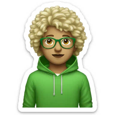 boy with clear glasses and blonde fluffy hair and a green sweatshirt with hood up standing straight sticker