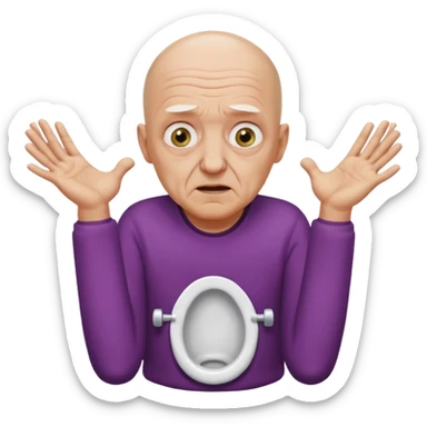 A bald person who’s very old is staring, he’s inside a toilet and his head is upright and looking at the camera with very wide eyes and his hands are putting pressure on his head, very scared expression and he’s shaking his butt sticker