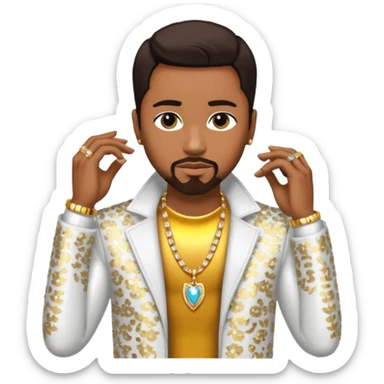 Teddy Riley with dark brown hair, white sequin jacket, shirtless with necklace sticker