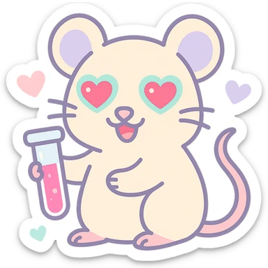 A lab rat in love with heart eyes, surrounded by heart symbols, red glowing eyes, light beige fur, detailed whiskers, holding a test tube with a pink liquid, cartoon style. sticker
