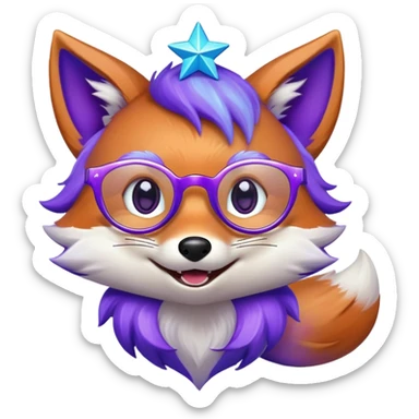 A magical fox with shimmering purple and blue fur, a glowing tail, a silver star on its forehead, and round glasses, laughing so hard that tears are streaming from its eyes sticker