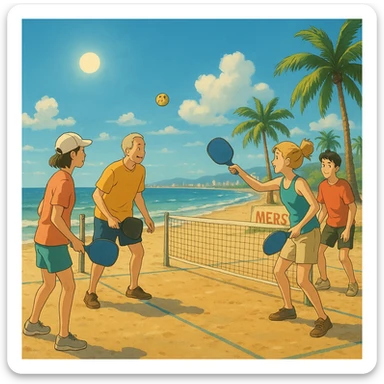 pickleball scene on a sunny Mersin beach in ghibli style sticker