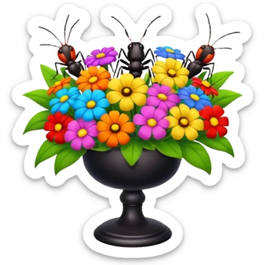 a table with a bouquet of flowers on top and an ant underneath sticker