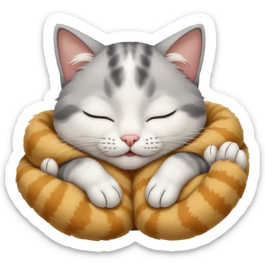 grey and white small cat with eyes closed lying down upside down with its paws/arms tightly covering its own face sticker