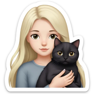 girl with light long hair, grey eyes and fair skin holds a black British cat in her arms sticker