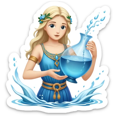 The zodiac symbol Aquarius. A mystical and beautiful water bearer, holding and pouring water from a large, intricate, and arcane vase into the sea sticker